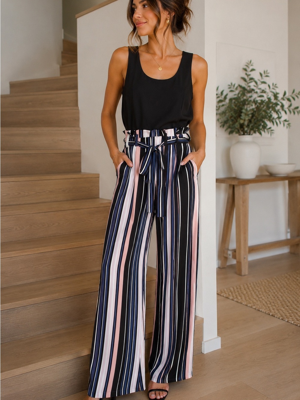 june & hudson Black, Navy & Pink Striped Wide-Leg Pants